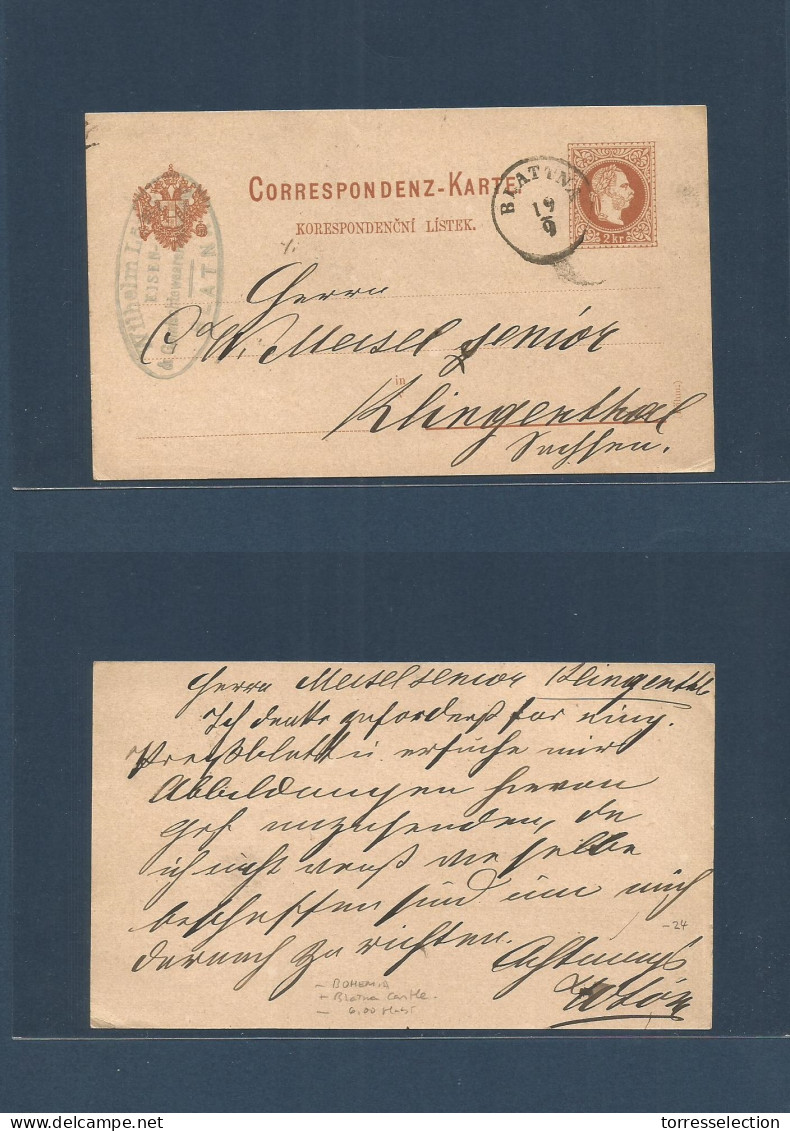 CZECHOSLOVAKIA. C. 1881 (19 Sept) Blattine Castle, Bohemia - Germany, Klingenthal, Sachsen 2kr Brown Austria Card Old Ty - Autres & Non Classés