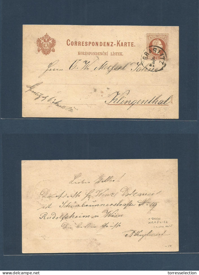 CZECHOSLOVAKIA. 1881 (6 March) Graslitz / Kraslice - Germany, Klingenthal, Sachsen. 2kr Austria Provicence Stat Card, Cd - Autres & Non Classés