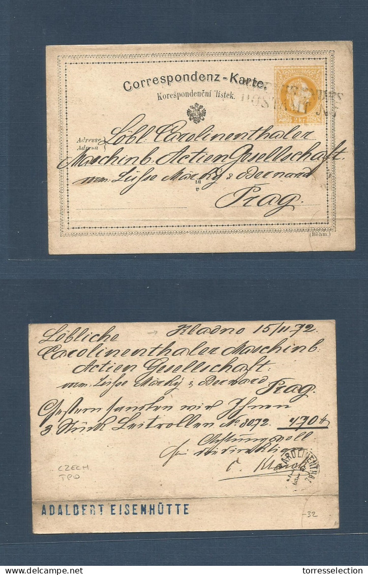 CZECHOSLOVAKIA. 1872 (15 Nov) TPO, Kladno - Prague. 2kr Yellow Stat Card, Stline "KK. Post 5" - Autres & Non Classés