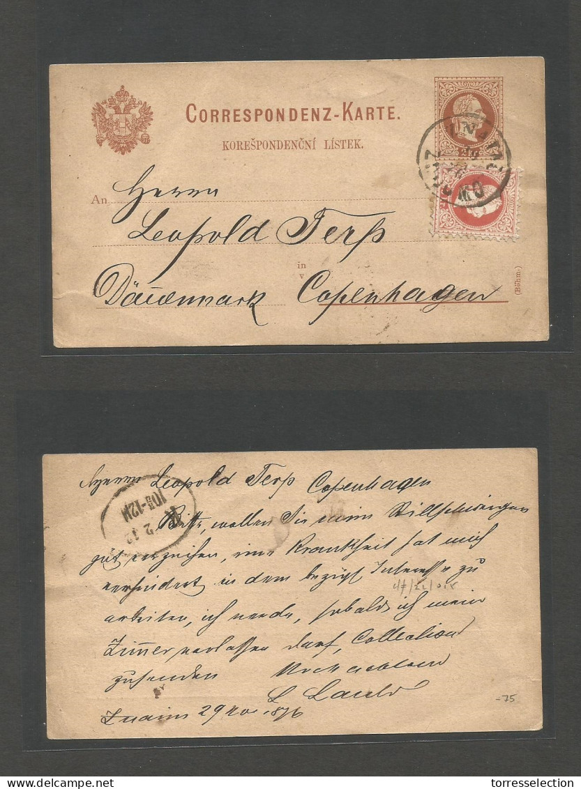 CZECHOSLOVAKIA. 1876 (29 Nov) Zuaim - Denmark, CPH 2kr Brown Austrian Stat Card + 3kr Adtl, Cds. On Side (Bohemia Type) - Autres & Non Classés