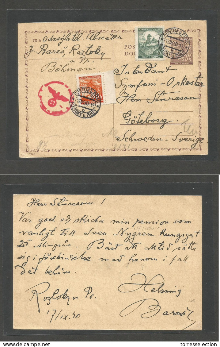 CZECHOSLOVAKIA. 1940 (17 Sept) Fostok, Prague - Sweden, Goteburg. 60h Brown Stat Card + 2 Adtls, Nazi Censored. VF + Des - Autres & Non Classés