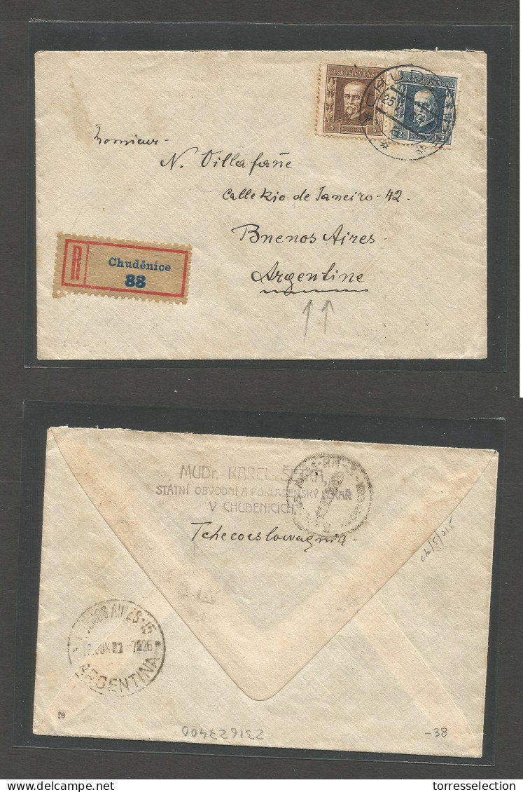 CZECHOSLOVAKIA. 1926 (25 May) Chudenice - Argentina; BsAs (18 June) Registered Multifkd Envelope. Fine. South America Tr - Autres & Non Classés