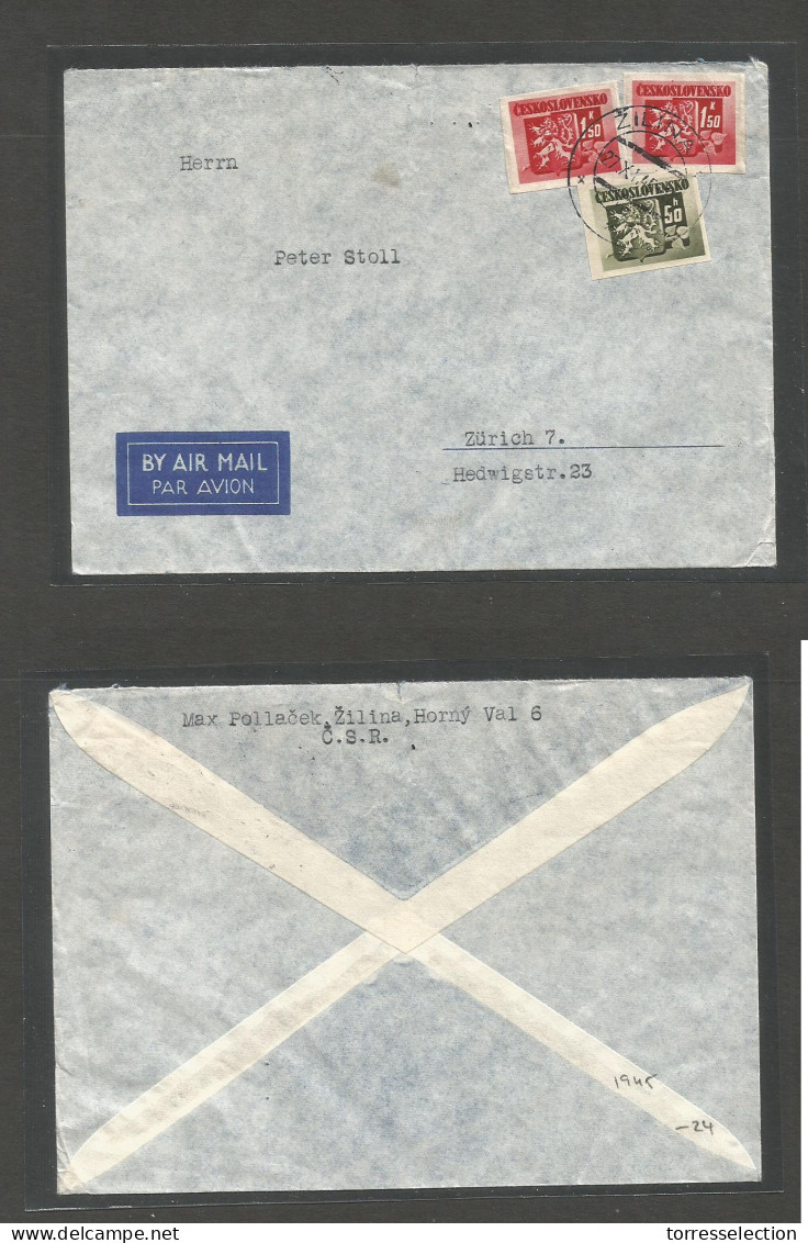 CZECHOSLOVAKIA. 1945 (27 Nov) Zilina - Switzerland, Zürich. Air Multifkd Envelope. Imperf Issue, Cds. VF. - Autres & Non Classés
