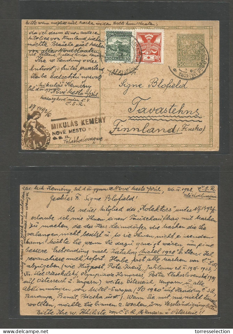 CZECHOSLOVAKIA. 1928 (26 March) Nove Mesto - Finland, Tavastehug. 50h, Green Stat Card + 2 Adtls. VF. - Autres & Non Classés