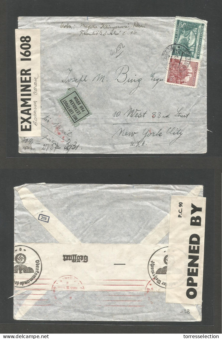 CZECHOSLOVAKIA. 1941 (23 Oct) Moravia - Bohemia. Pilgen - USA, NYC. WWII. Air Multifkd, Nazi + British Bermuda Label Cen - Autres & Non Classés