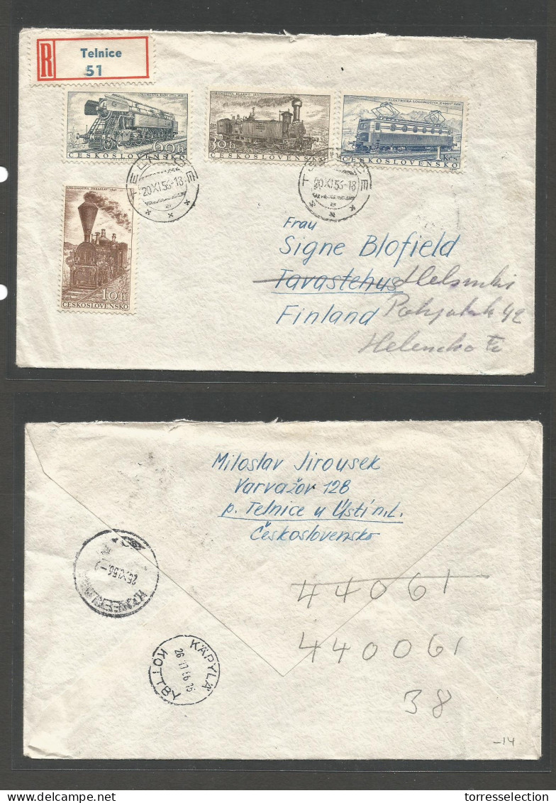 CZECHOSLOVAKIA. 1956 (20 Nov) Telnice - Finland, Tavastehug (26 Nov) Registered Multifkd Envelope. Trains. VF. - Autres & Non Classés