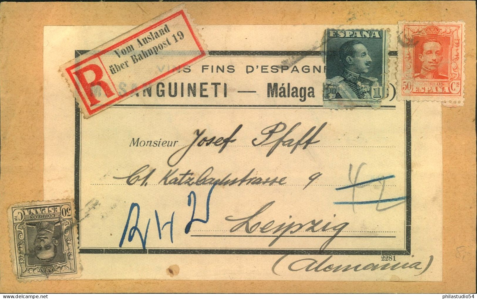 1925, Päckechen-Vds. Ab Malaga Mit R-Zettel "Vom Auslande üver Bahnpost" - Briefe U. Dokumente