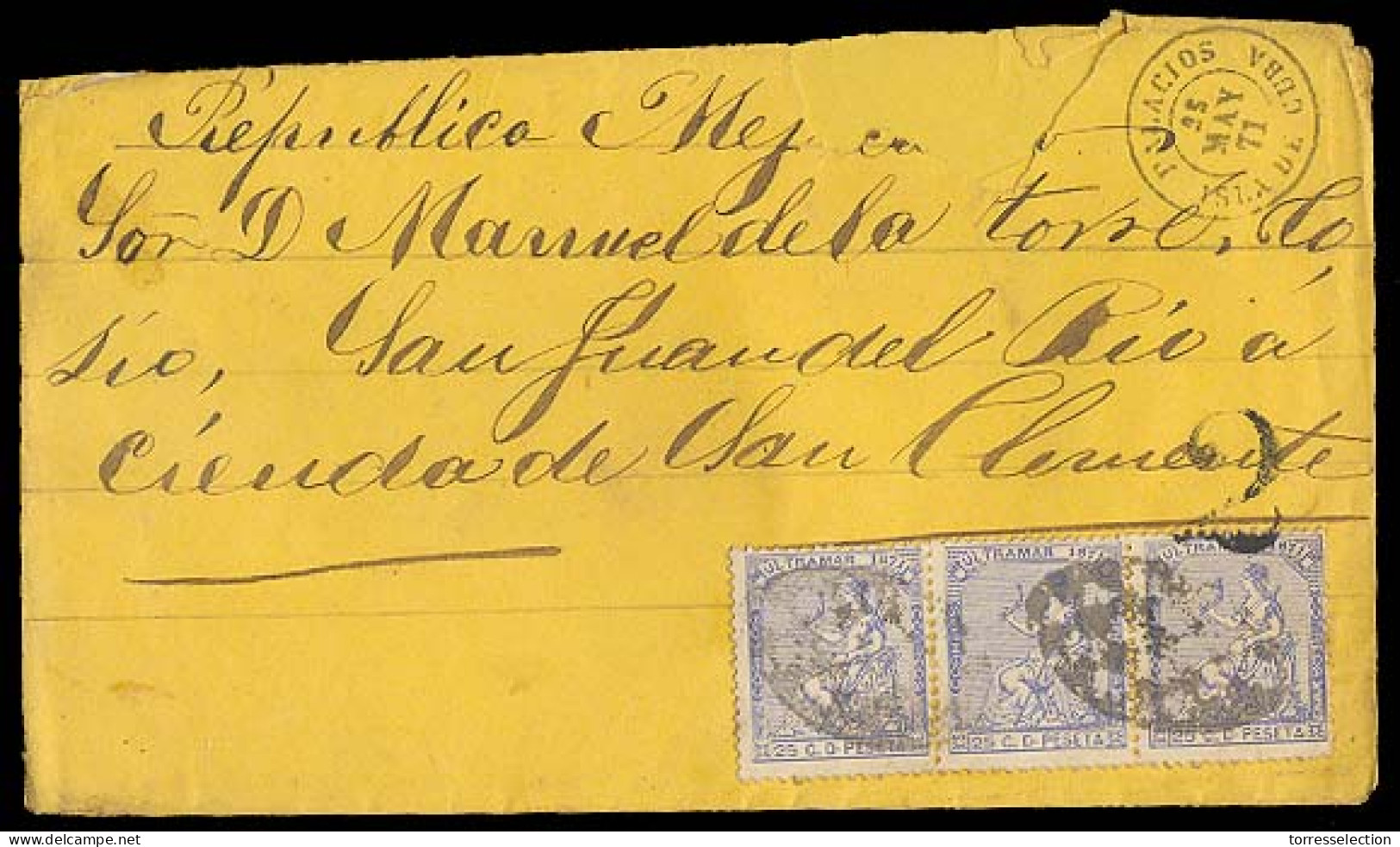 CUBA. 1871. Palacios - Mexico / San Clemente. Sobre Con Franqueo 25c Azul Tira De 3, Fechador Al Lado Y Cargo "2" Reales - Autres & Non Classés