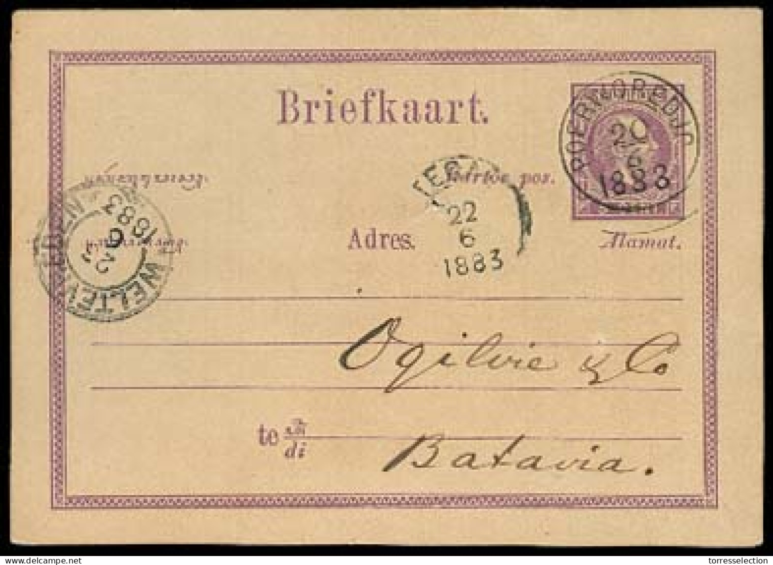 DUTCH INDIES. 1883. Poerworedjo - Batavia. 5c Black Stat Card. VF. - Indonesië