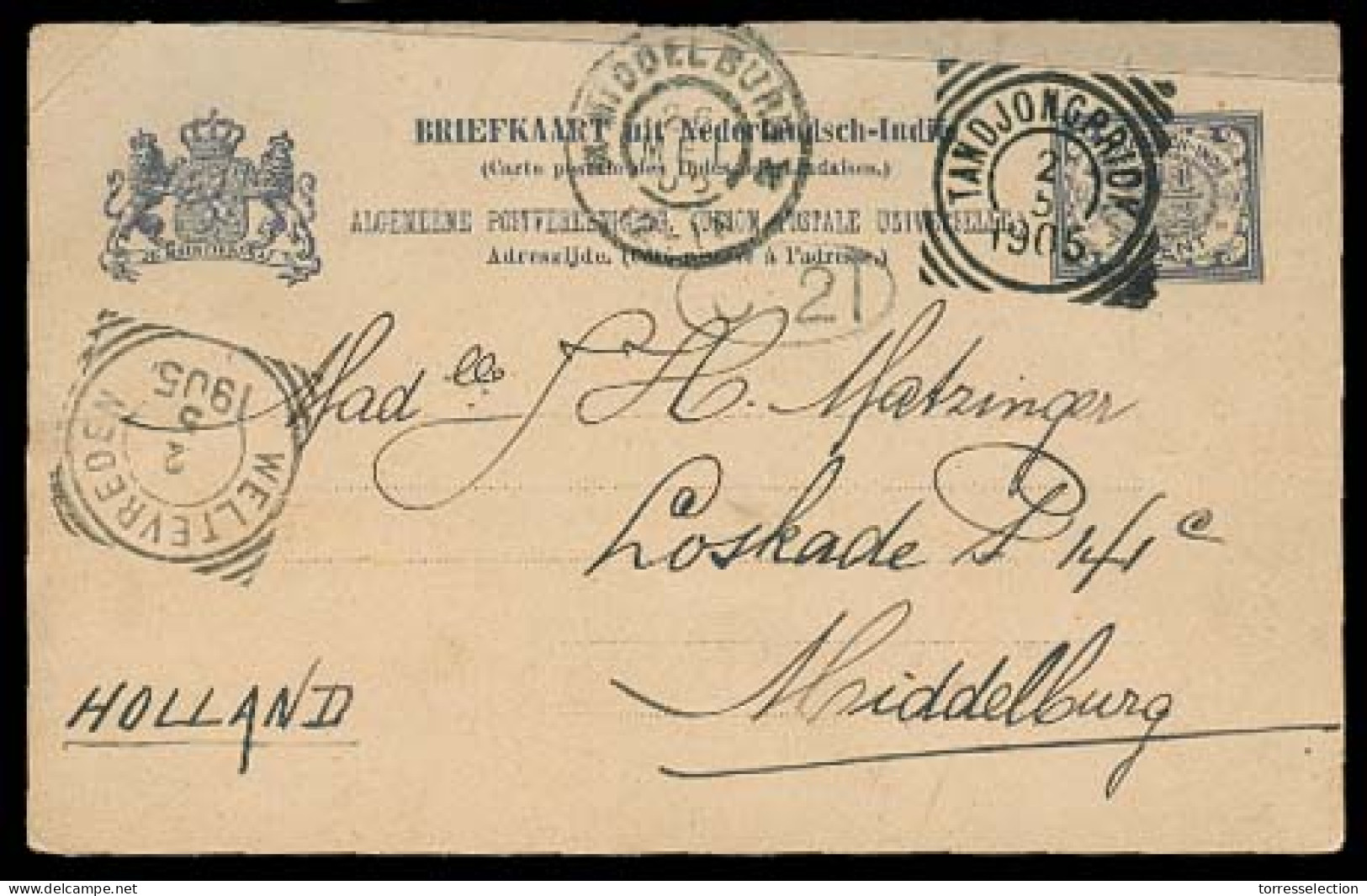DUTCH INDIES. 1905. Tandjongpriok - Netherlands. 7 1/2c Stat Card. VF. - Indonesië
