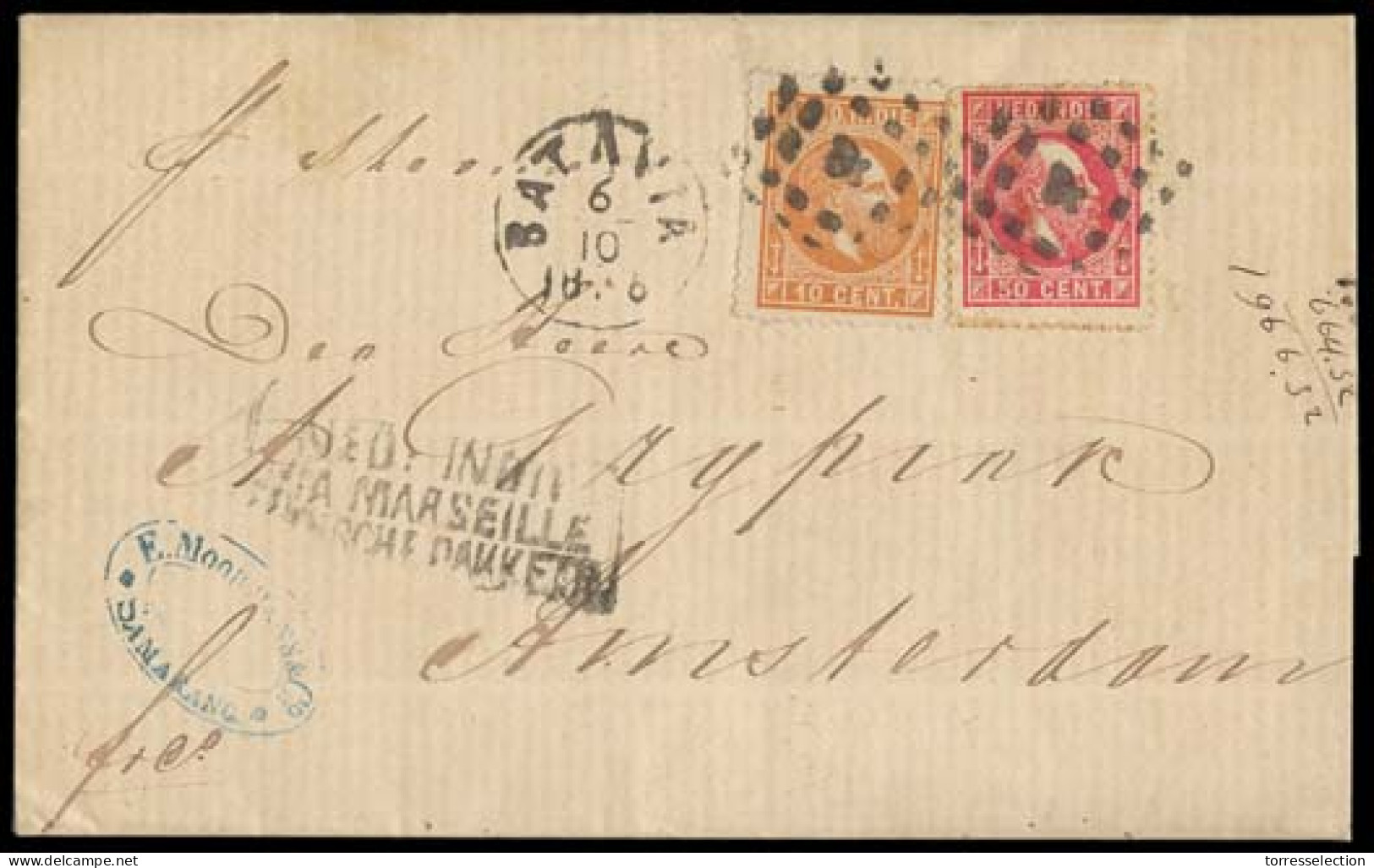 DUTCH INDIES. 1876 (6 Oct). Batavia - Netherlands. EL Full Text Fkd 10c + 50c Red, Tied "4" Dots + Cds Alongside. Via Ma - Indonesië