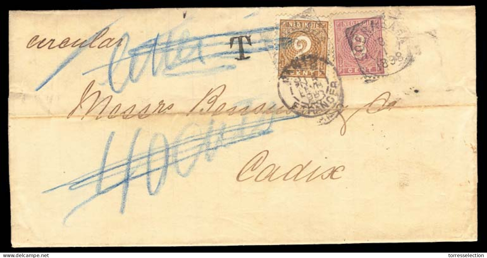 DUTCH INDIES. 1898 (Jan 5). Entire Letter From Sourabaya To Cadiz/Spain; Franked By 1883-90 2c Brown And 3c Lilac Tied B - Indonesië