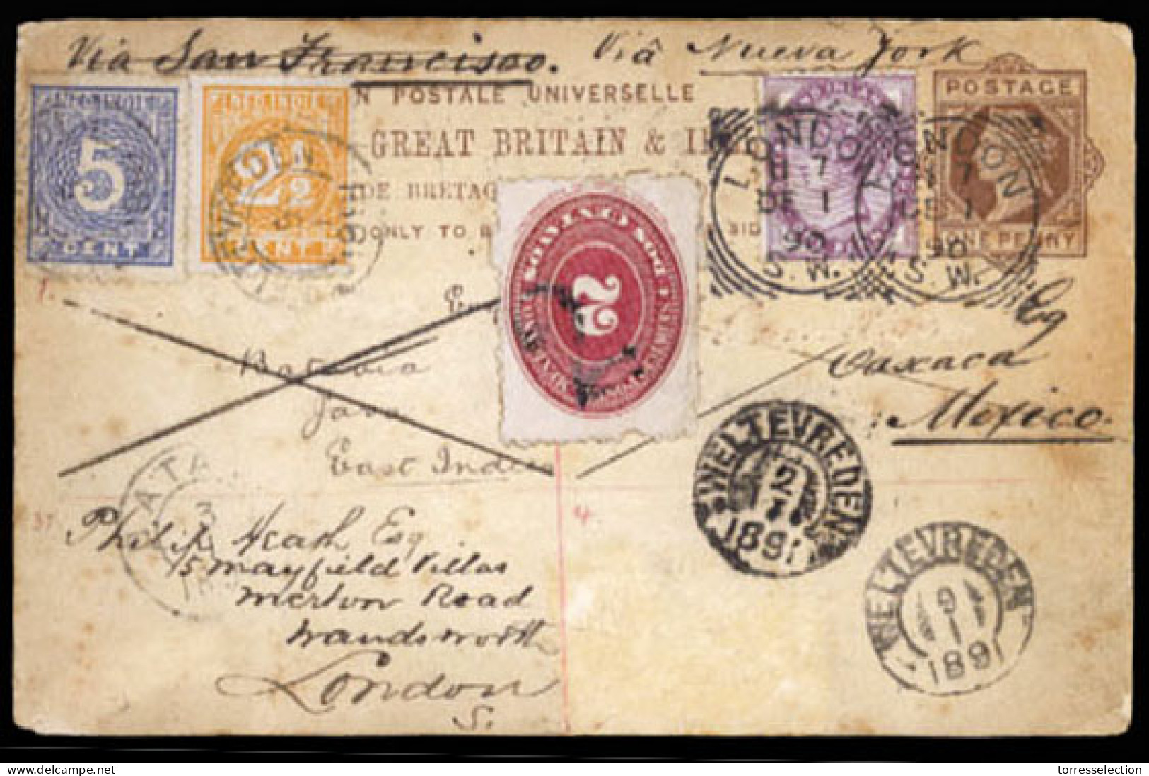 DUTCH INDIES. 1891. London/Java/Mexico. Terrific Triple Combination Post Card. - Indonesië