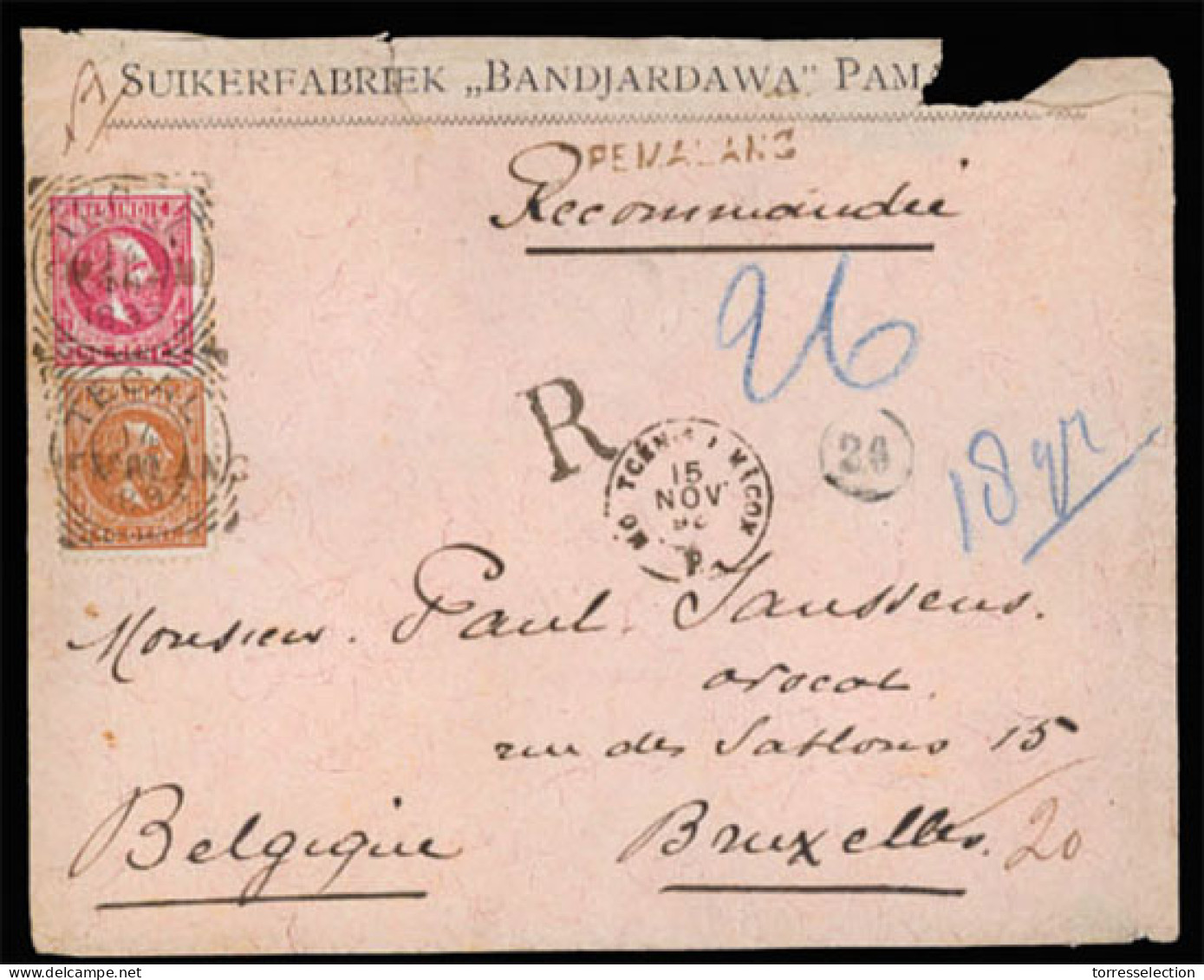 DUTCH INDIES. 1893 (14 Oct.) Pemalang To Brussels/Belgium.  Registered Envelope (a Bit Roughly Opened).  Franked 10c. Br - Indonesië