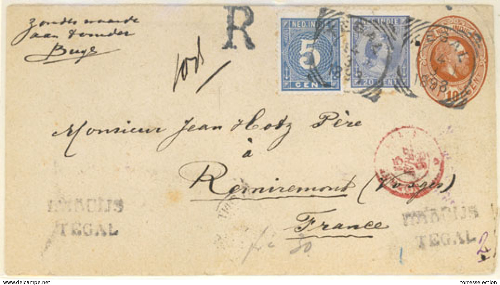 DUTCH INDIES. 1898. Tegal To Remiremont/France. Registered 10c Brown King Stationery With Adtl. 5c And 20c Blue Queen W. - Indonesië