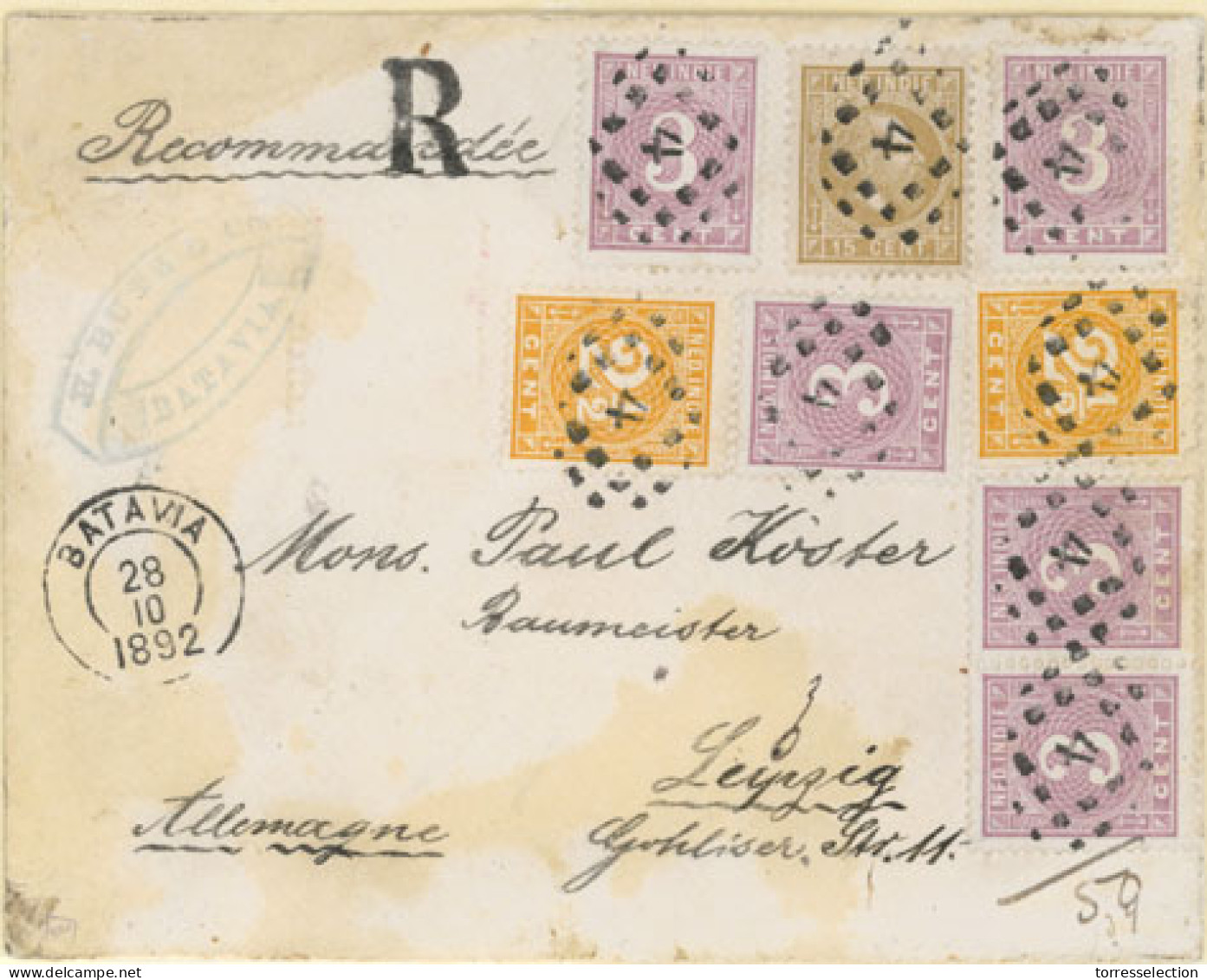 DUTCH INDIES. 1892 (20 Oct.).  Batavia To Leipzig/Germany.  Registered Letter Franked King William III 15cts. Bister, 3  - Indonesië