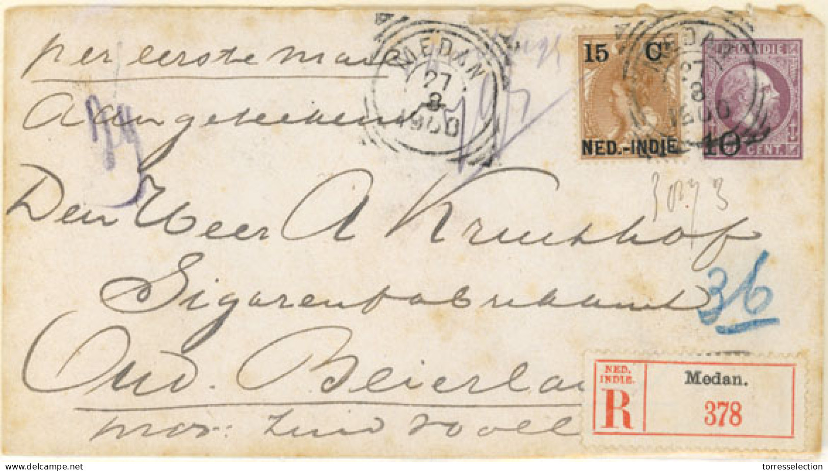 DUTCH INDIES. 1900. Medan To Ond Beiejeland. 10c On 10c Violet King Stationery With Adtl. 15c Brown Yellow (Sc. 33) Quee - Indonesië