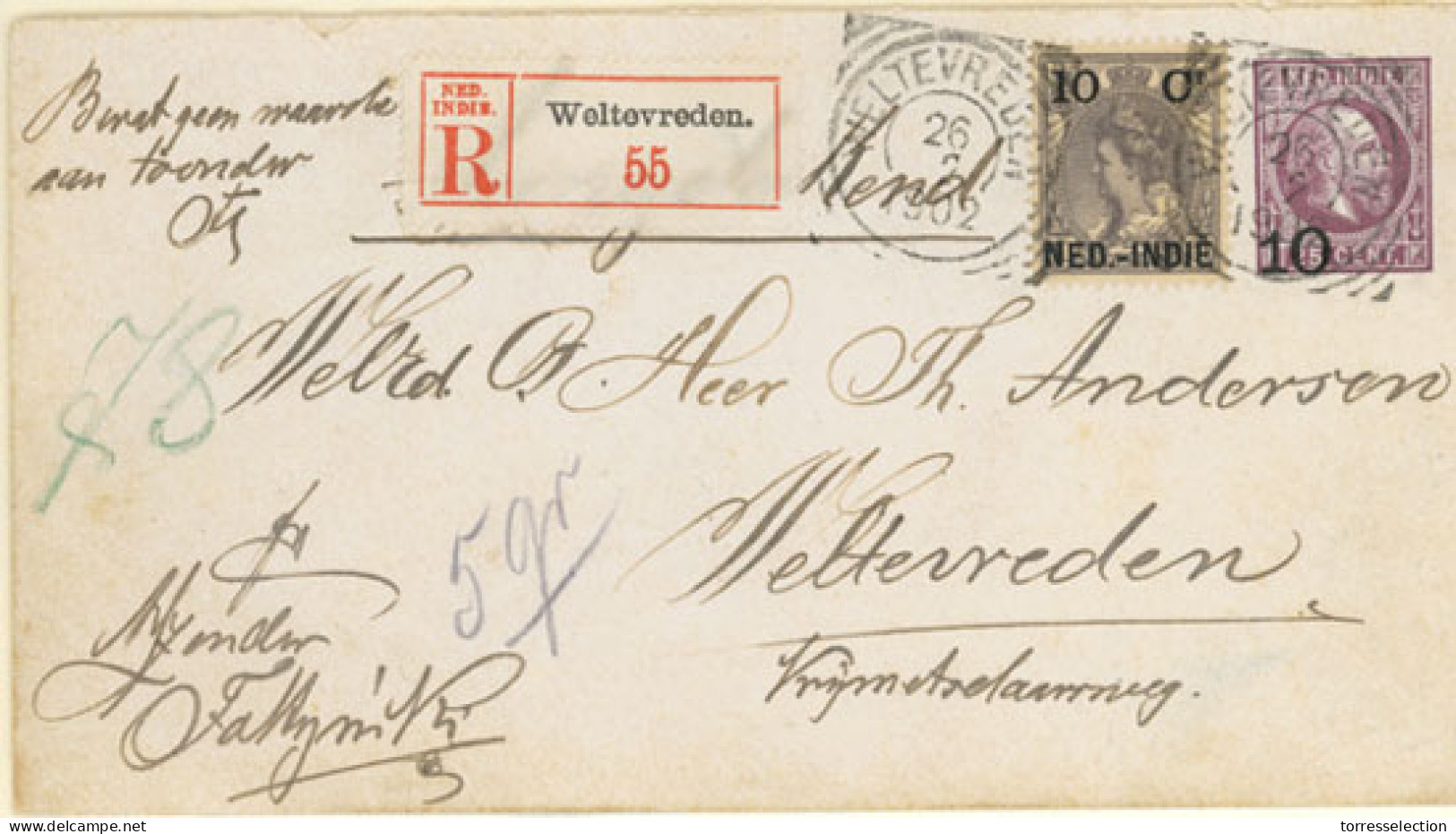 DUTCH INDIES. 1902. (26 Feb.) Weltevreden Local Registered 10c On 25c Violet King William III Stationery With Adtl. 10c  - Indonesië