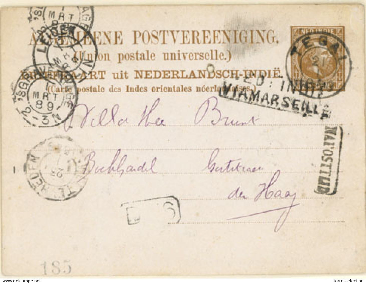 DUTCH INDIES. 1889. (21 Jan.) Tegal To Den Haag/Holland. 7½ Bister Brown King Stationery, Cancelled C.d.s. (***) With Se - Indonesië