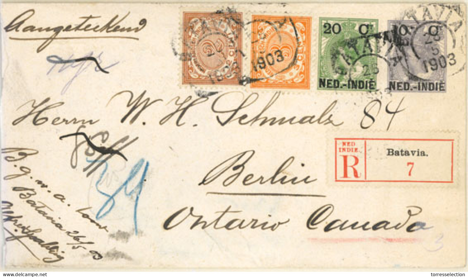 DUTCH INDIES. 1903. (26 May) Batavia To Berlin/Canada. 10c Grey Queen Stationery Envelope With Adtl. Franking 20c Green  - Indonesië