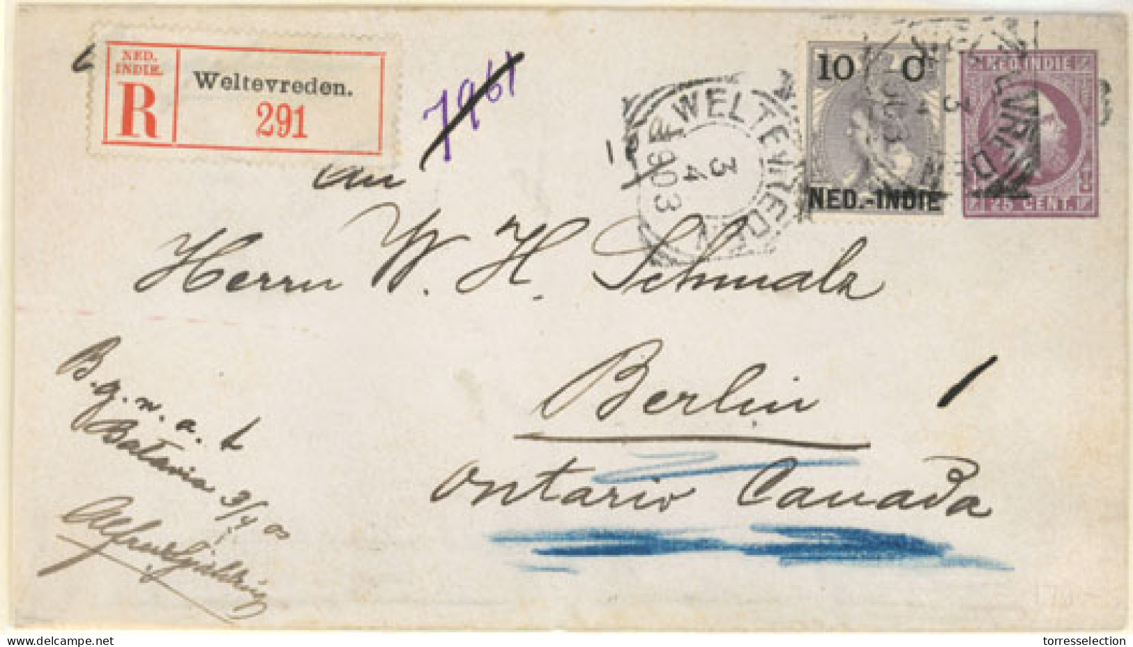 DUTCH INDIES. 1903.(3 April) Weltevreden To Berlin/Canada. 25c Violet King Stationery Envelope With Adtl. 10c Queen Viol - Indonesië