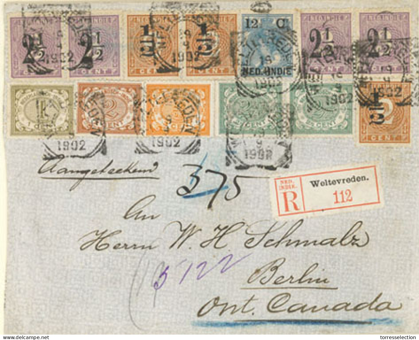 DUTCH INDIES. 1902. (29 Sept) Weltevreden To Ontario/Canada. Registered Envelope Franked 2½ On 3c Violet X2 Pairs (Sc. 4 - Indonesië