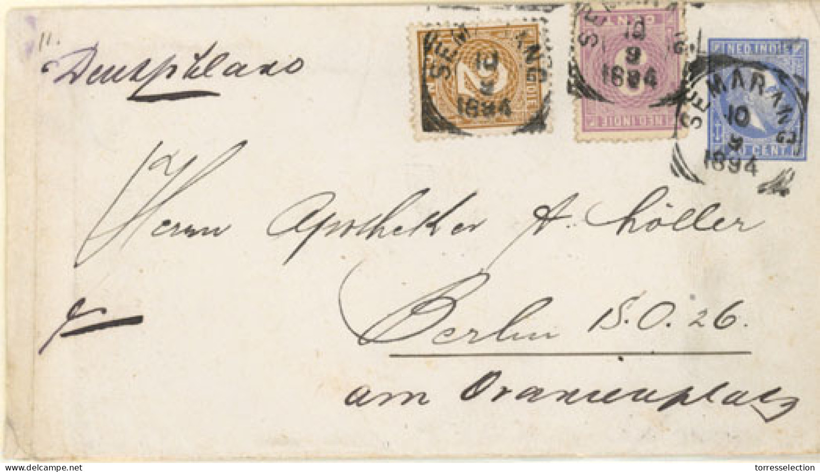 DUTCH INDIES. 1894. (10 Sept) Semarang To Berlin/Germany. 20c Blue King W III Stationery Envelope With Adtl. 2c Bister A - Indonesië