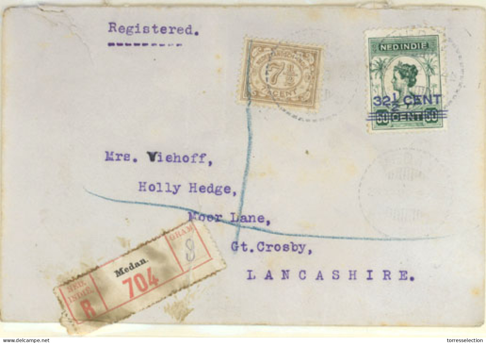 DUTCH INDIES. 1923. Medan To Gt. Crosby/Lancashire. Registered Envelope (a Bit Roughly Opened), Franked 7½ Bistre (Sc. 4 - Indonesië