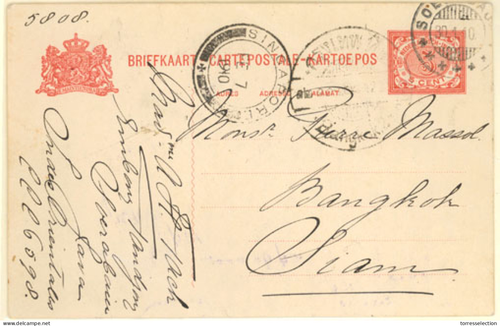 DUTCH INDIES. 1910. Soerabaja To Bangkok-2/Siam. 5c Red Stationery, Cancelled C.d.s. Singapore C.d.s. Transit And Arriva - Indonesië