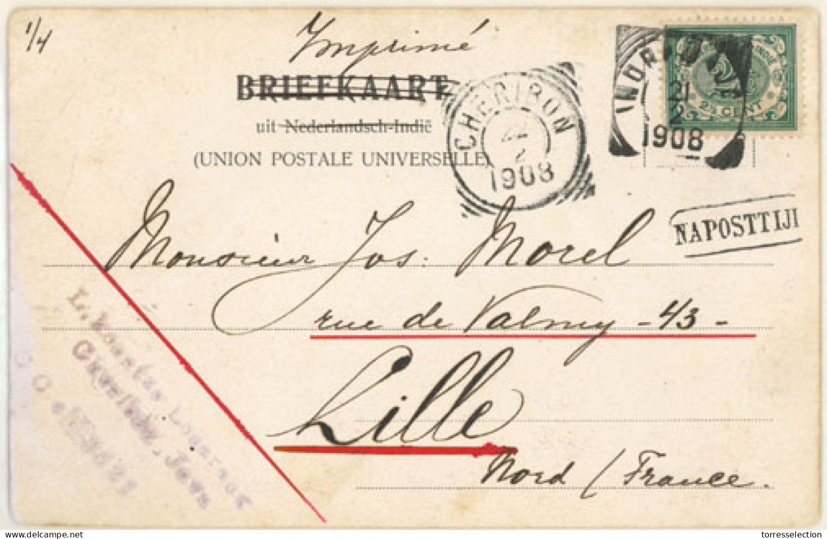 DUTCH INDIES. 1908. Cheribon To Lille/France. P.P.C. Bearing 2½° Green And ½violet (Sc.38,41), Cancelled Indramade, With - Indonesië