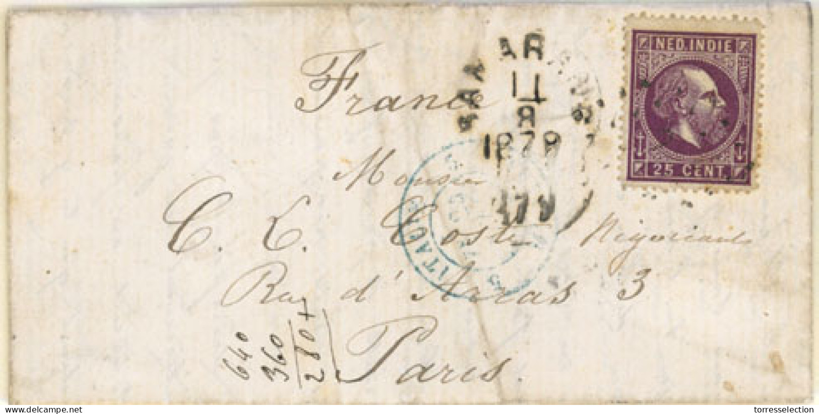 DUTCH INDIES. 1879. Semarang To Paris. E.L. Bearing 25c Dark Violet (Sc. 13) Tied Romboid With Dots, C.d.s. Alongside Wi - Indonesië