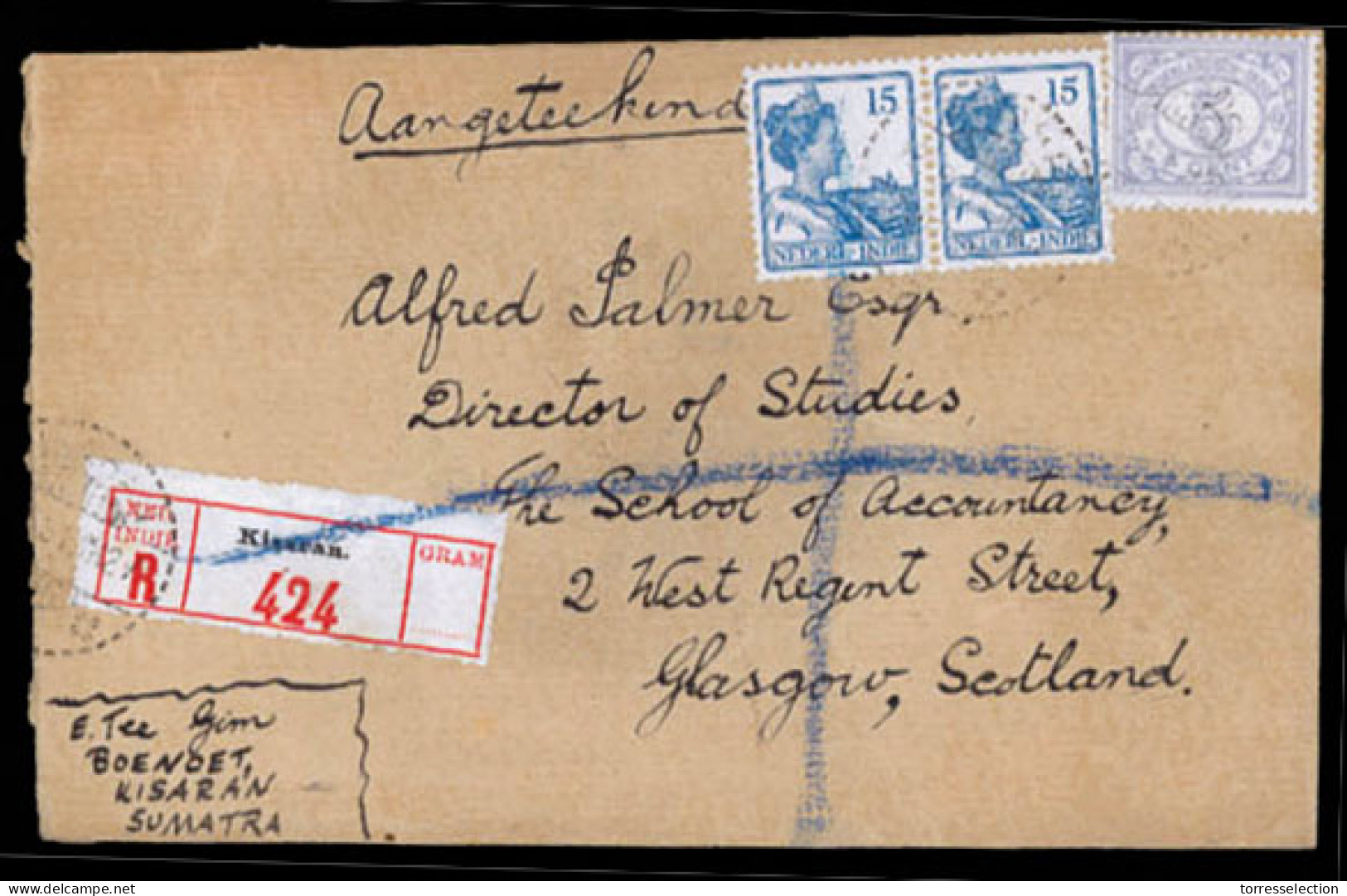 DUTCH INDIES. 1931. Boendet/Kisaran To Glasgow/Scotland. Registered Envelope Bearing 5c Ultramarine (Sc.43) And 15c Blue - Indonesië