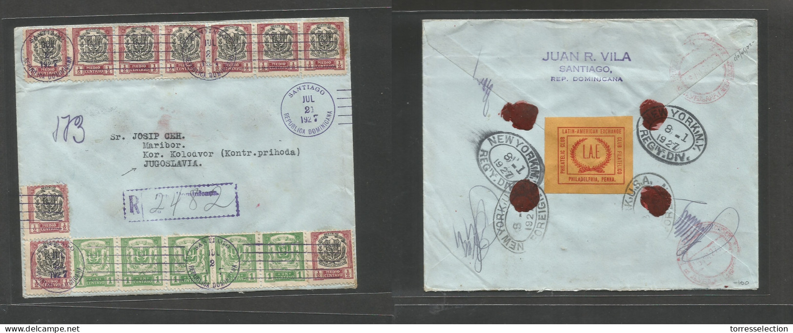 DOMINICAN REP. 1927 (21 July) Santiago - Yougoslavia, Maribor (16 Aug 27) Registered Multifkd Env At 10c Rate (15 Stamps - República Dominicana