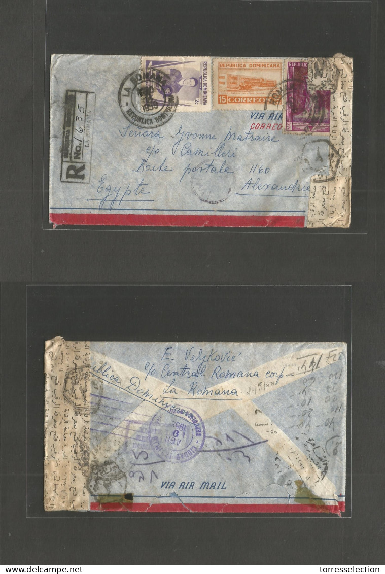DOMINICAN REP. 1959 (Aug 8) La Romana - Egypt, Alexandria. Registered Multifkd Envelope Egypt Censor Label (Suez Canal C - República Dominicana