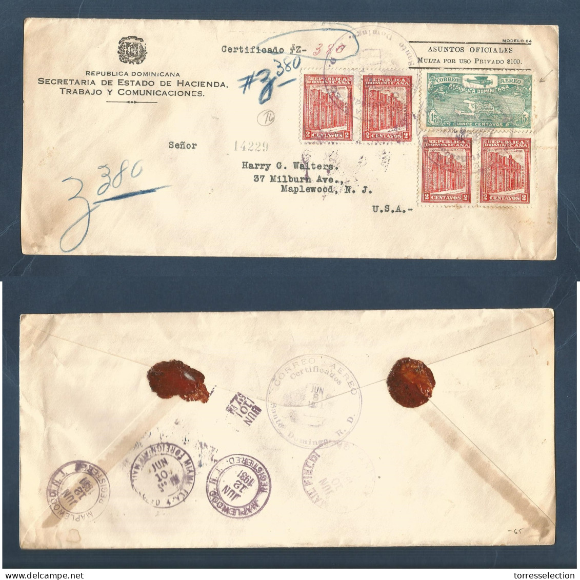 DOMINICAN REP. 1931 (8 June) Sto Domingo - USA, Maplewood, NJ (10-12 June) Official Registered Airmail Franked Envelope. - República Dominicana