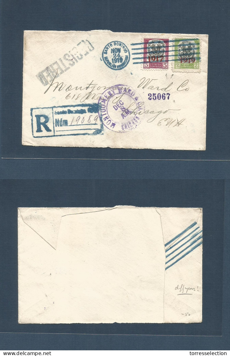 DOMINICAN REP. 1919 (24 Nov) Sto Domingo - USA, Chicago (Dec 8) Registered Fkd Env With 1917 + 1919 Ovptd Stamps On Mixe - República Dominicana