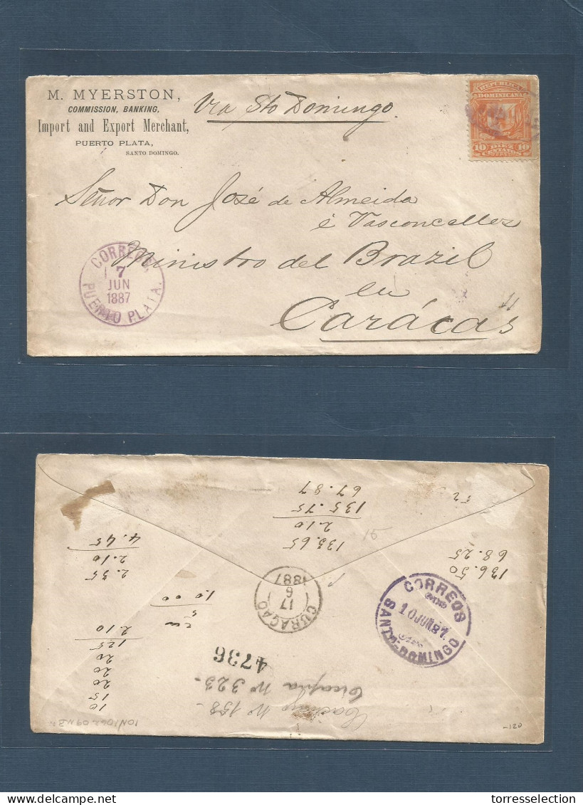 DOMINICAN REP. 1887 (7 June) Pto Plata - Venezuela, Caracas. Via Sto Domingo - CURAÇAO (17 June) 10c Orange Fkd Env, Ova - República Dominicana