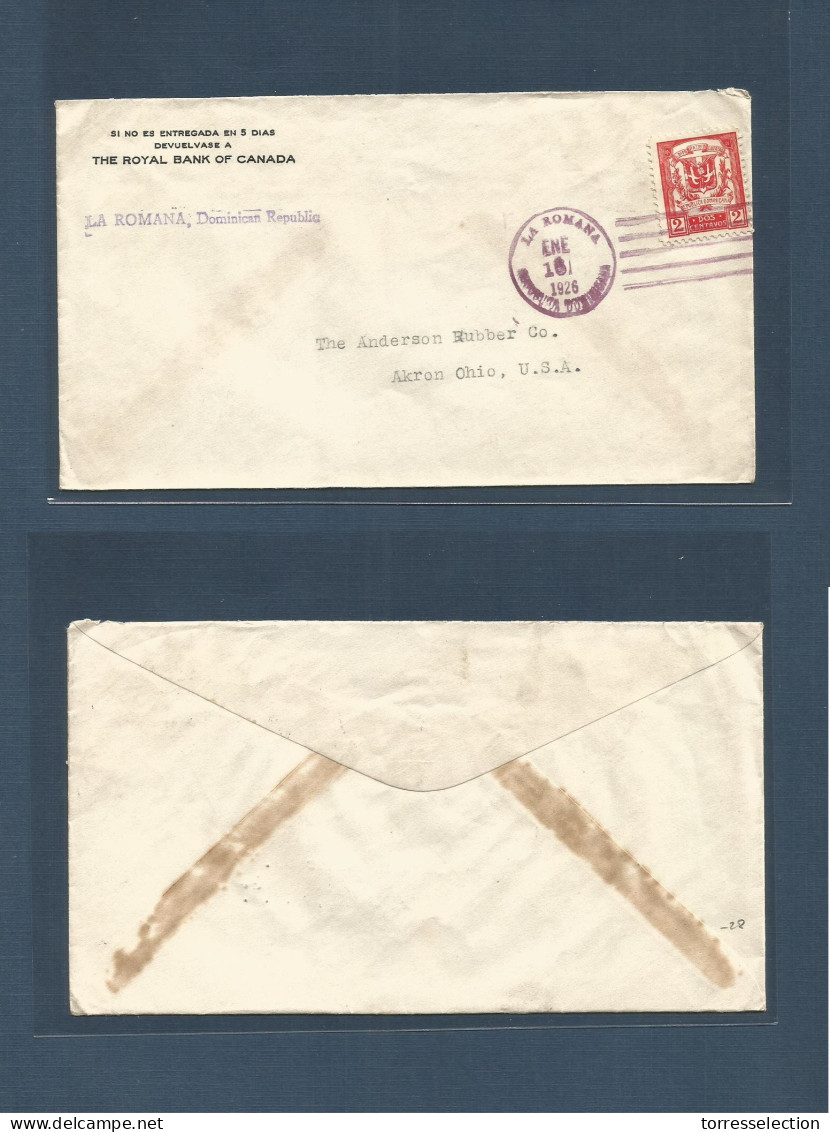 DOMINICAN REP. 1926 (16 Enero) La Romana - USA, Aknon, OH. PM 2cts Fkd Unsealed Envelope. Scarce Origin. - República Dominicana