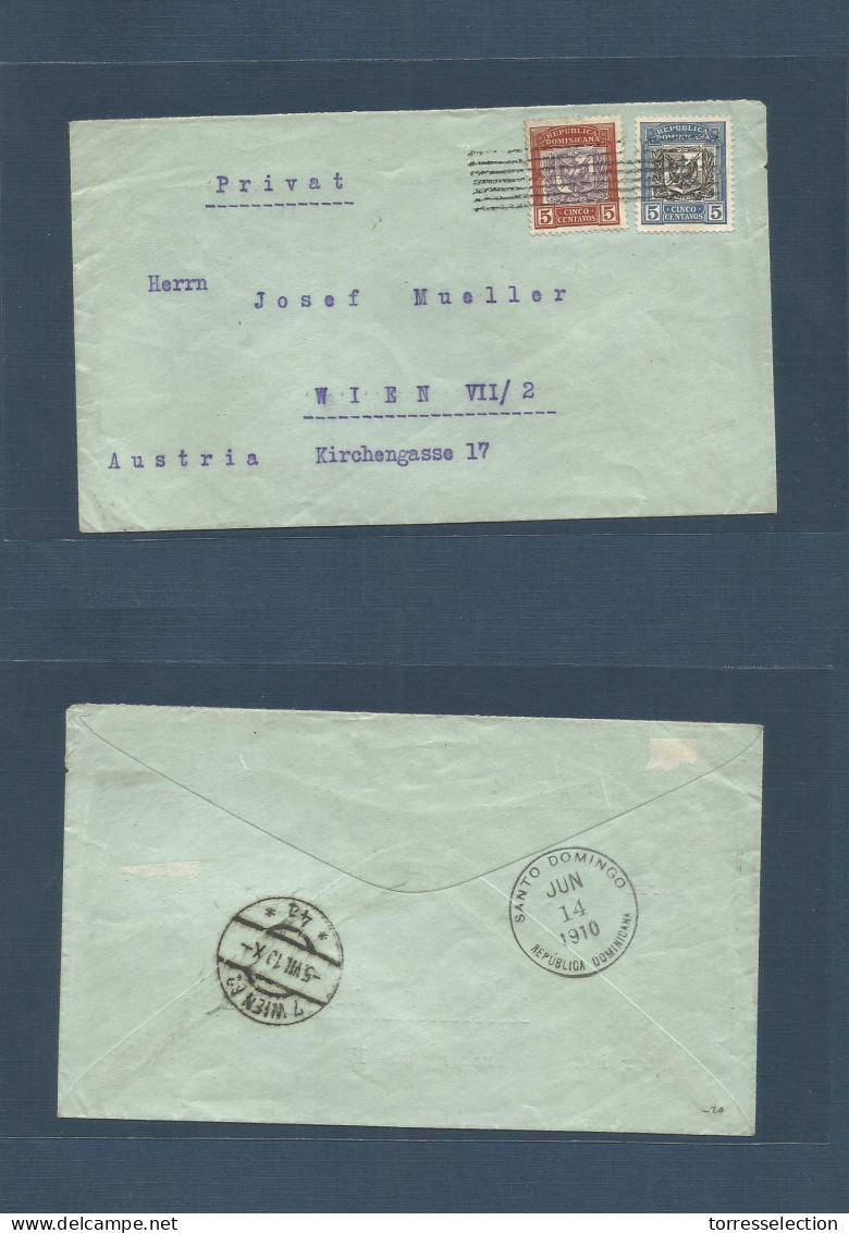 DOMINICAN REP. 1910 (14 Junio) RARE COMBINATION. Sto Domingo - Austria, Wien (5 Jully) Fkd Env 5c Blue + 5c Brown. Very  - Repubblica Domenicana