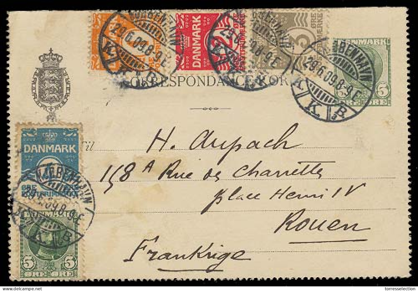 DENMARK. 1909 (29 June). Copenhagen - France. 5 Ore Stat Card + 5 Adtls. VF. - Sonstige & Ohne Zuordnung