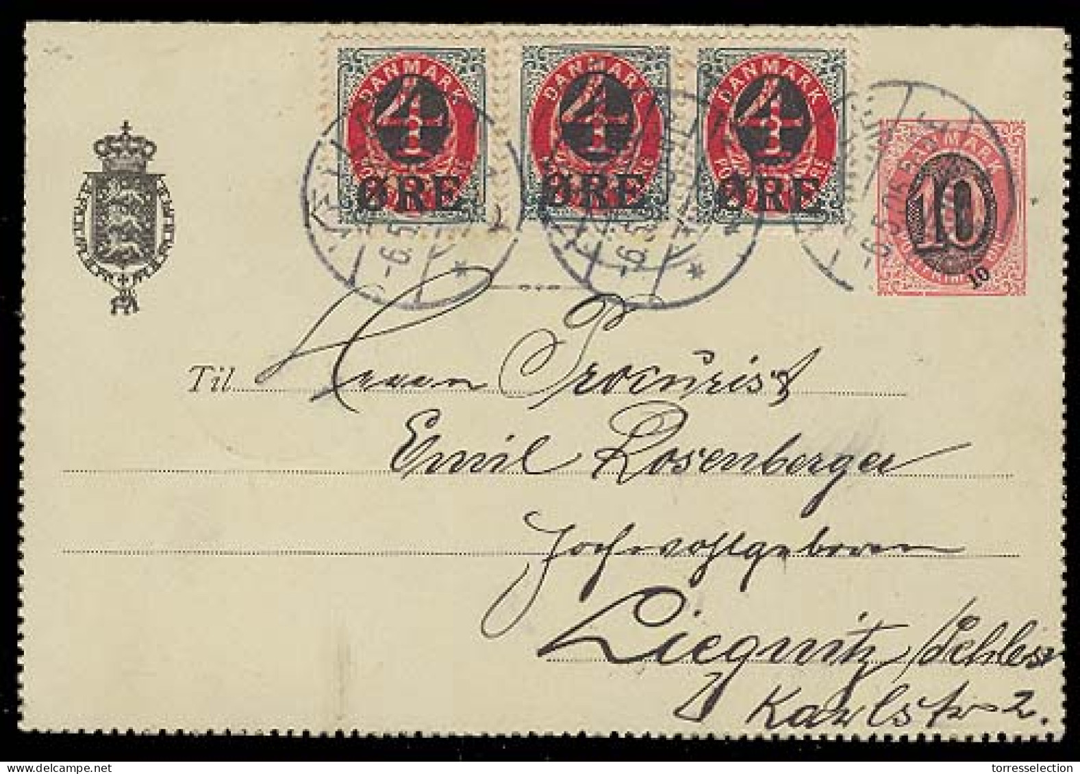 DENMARK. 1905 (6 May). Velle - Germany. 10 Ore Ovptd Stat Lettercard + 3 Adtls. 22 Ore Rate. VF + Appealing. - Sonstige & Ohne Zuordnung