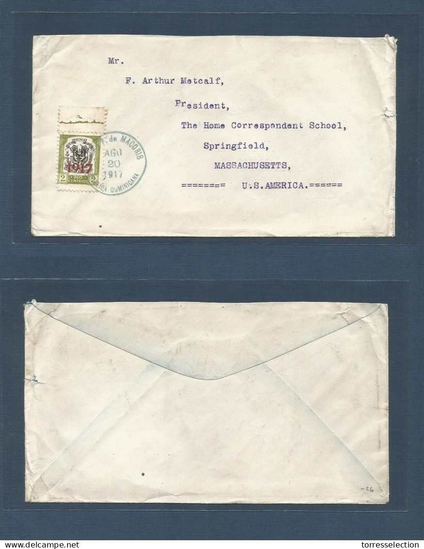 DOMINICAN REP. 1917 (20 Aug) S. Pedro Macoris - USA, Mass; Springfield. Fkd Env, Stamp Margin Border. VF. - Dominikanische Rep.