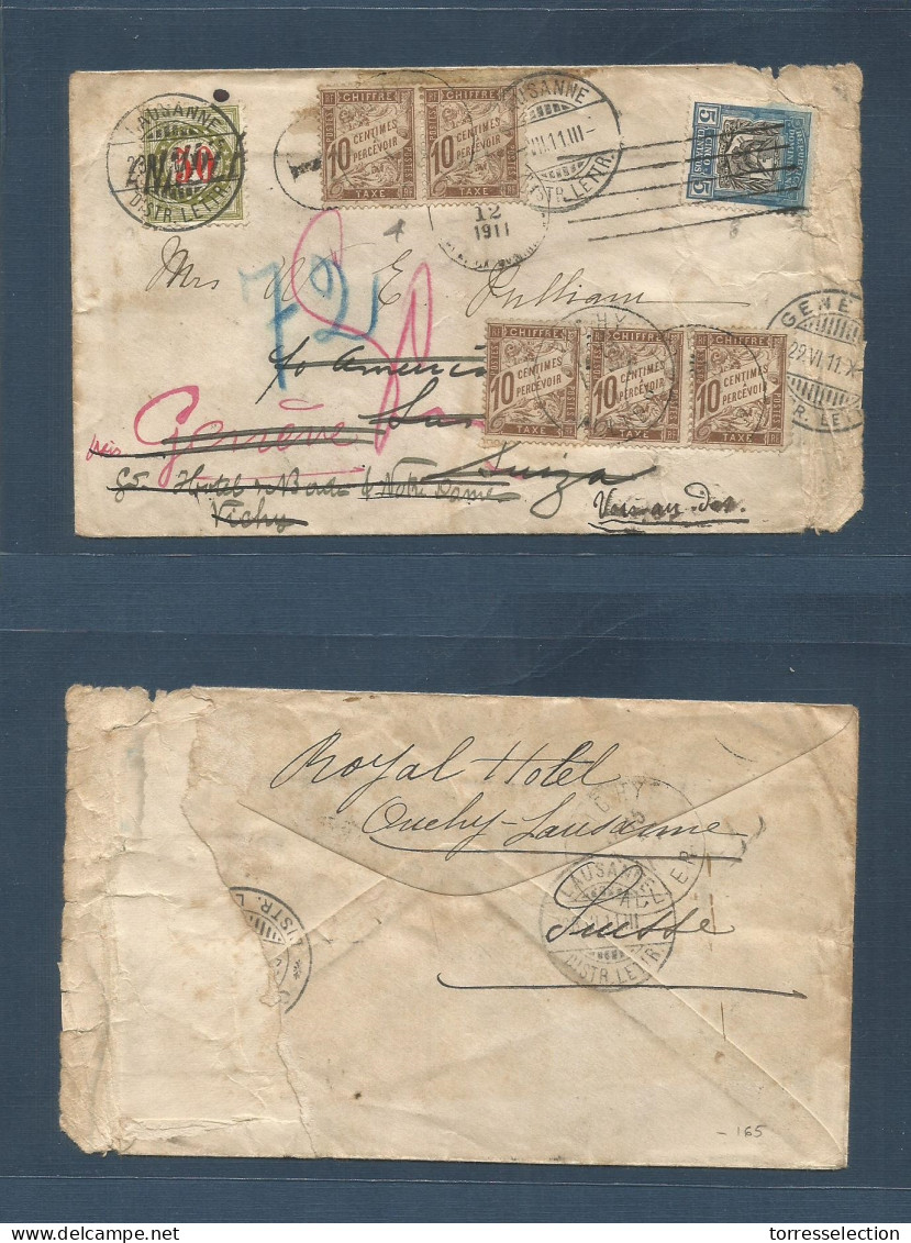 DOMINICAN REP. 1911 (12 June) Puerto Plata - Lausanore, Switzerland (28 Jan) Fwded To Francia, Vichy. 5c Blue Fkd Env +  - República Dominicana