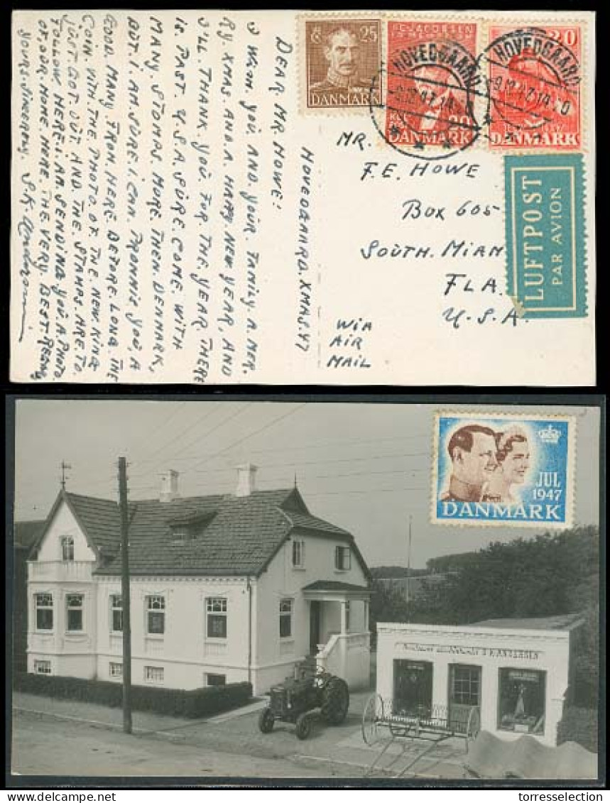 DENMARK. 1947. Hovedgaard - USA. Fkd Airmail PPC. Nice Cond + Town Usage. - Sonstige & Ohne Zuordnung