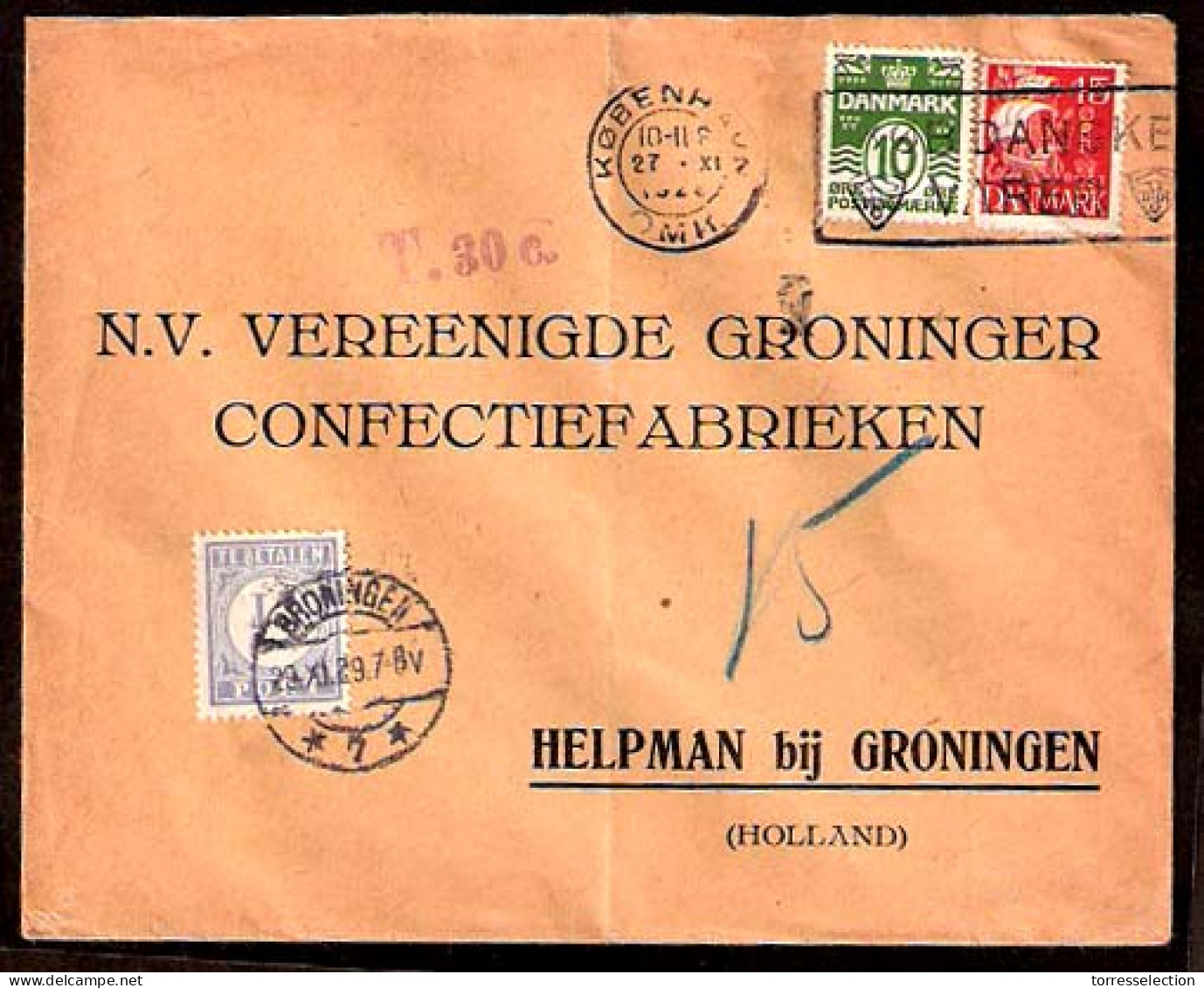 DENMARK. 1929. Copenhagen - Netherlands. Fkd Env / Insuf Taxed / Dutch P Due. - Sonstige & Ohne Zuordnung