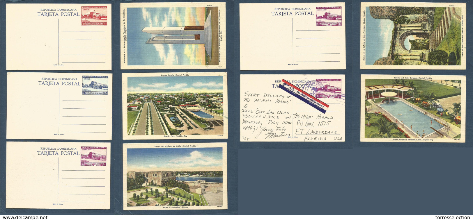 DOMINICAN REP. 1949. Hotel Jaragua Stationary Photo View Diff Cards, 5 Different, One Circulated To Ft. Landerdale, Flo, - Repubblica Domenicana