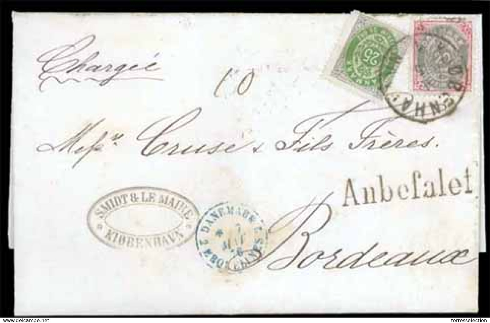 DENMARK. 1876 (May 4). Entire Letter Registered To Bordeaux Franked By 1875 20o Rose & Grey And 25o Grey & Green Tied By - Sonstige & Ohne Zuordnung