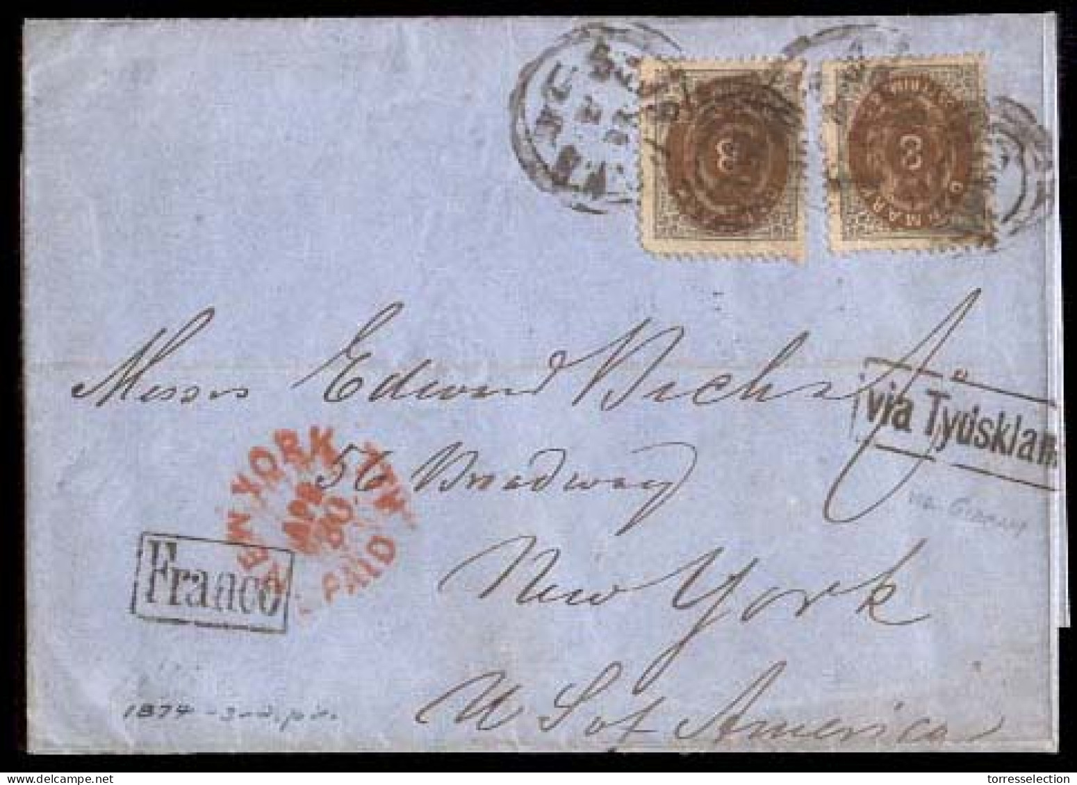 DENMARK. 1874 (11 April). Sc. 19x2. DENMARK-USA-TRANSATLANTIC. Copenhagen To USA (30 April). Franked Envelope 8k X 2, Ti - Sonstige & Ohne Zuordnung