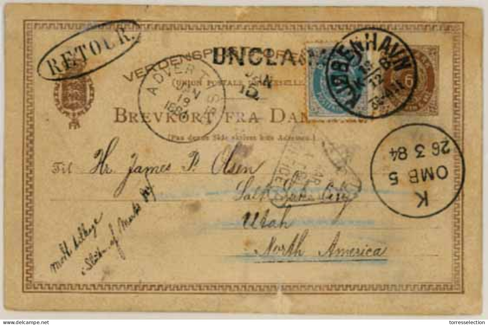 DENMARK. 1884 (13 Dec). Kopenhaguen To Salt Lake City/Utah/USA (Mormon Territory). 6 öre Brown Stationery With Adtl. 1 ö - Sonstige & Ohne Zuordnung