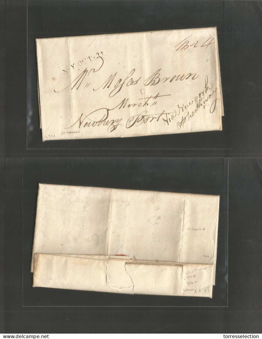 D.W.I.. 1794 (7 Oct) St. Thomas - USA, Newbury Port (Nov 4) Via NY (Oct 31) / "Captain Harthaway" Endorsed On Front. VF  - West Indies